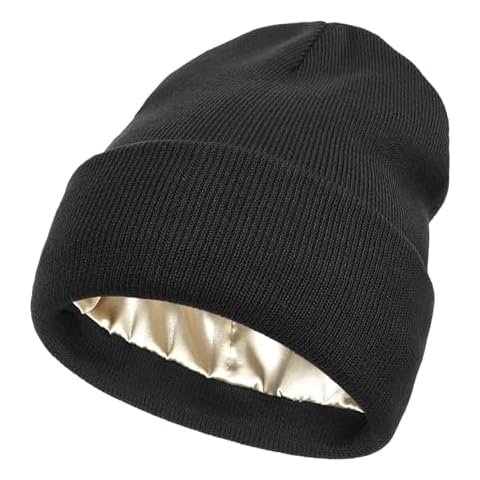 Facecozy Satin Lined Beanie Hats for Women Soft and Warm Winter Hats for Women Men Slouchy Beanie Hat (Black) Cover