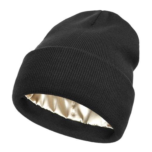 Facecozy Satin Lined Beanie Hats for Women Soft and Warm Winter Hats for Women Men Slouchy Beanie Hat (Black)