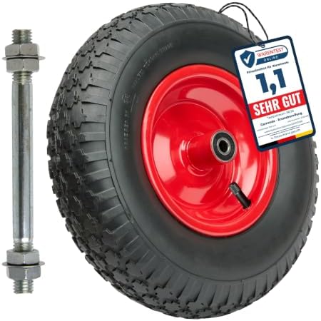 Garronda 4.00-6 Schubkarrenrad Luftreifen Schwarz-Rot GD-0163 | 2PR, bis 136 kg belastbar, mit Achse, Stahlfelge und Kugellager, als Ersatzrad für Schubkarre, Bollerwagen und Garte