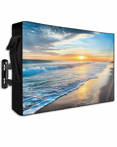 DOME-SPACE Summer Sea Beach Sunset Scenery Outdoor TV Cover for Outside Flat Screen Televisions, Blue Sky Ocean Waves Weatherproof TV Screen Protector with Zipper for 70 to 75 Inch Screens