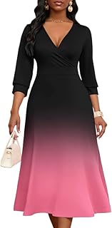 Womens Casual Dress Wrap V-Neck Elegant Wedding Guest Midi Dress 3/4 Sleeve High Waist - Buy now
