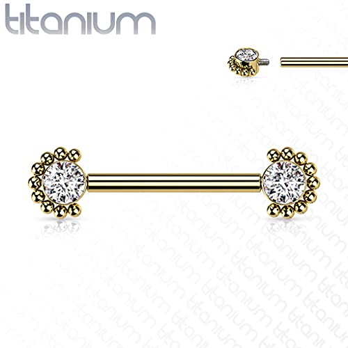 Dynamique Implant Grade Titanium Nipple Barbells Internally Threaded With Bezel Set Cz Center And Beaded Edge (Sold Per Pair Or Per Piece) #TOP1