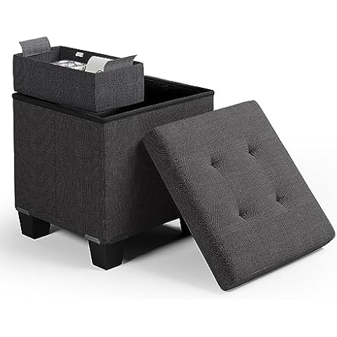 Storage Ottoman Cube with Storage Bin, 15-In Square Ottoman with Storage for Living Room and Bedroom, Foot Stools Ottoman, Small Ottoman Foot Rest, Storage Chest Max 660lbs, Fabric Gray Ottoman Cover
