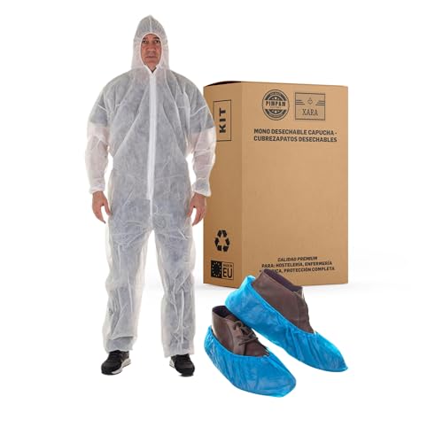 XARA Mono Desechable Blanco de TNT con Capucha Talla L - Pack 5 - Buzo Blanco Desechable Protección contra Suciedad y Partículas - Cómodo y Transpirable - 100% Reciclable