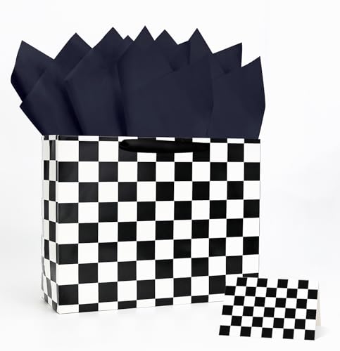 MUNILAIL 13 Inches Race Car Gift Bag Black and White Checkered Gift Bag with Handle Tissue Paper and Greeting Card for Boys Girls Birthday Racing Car Themed Party Large Paper Gift Bag