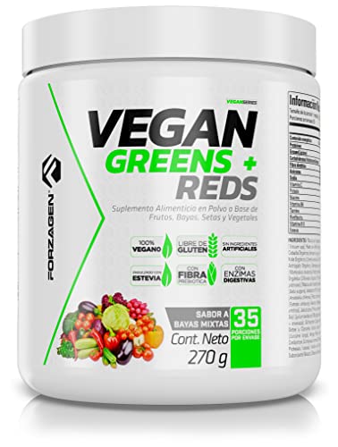 FORZAGEN | Hecho en EUA | Vegan Greens and Reds | Superfood – Mezcla de Vegetales y frutos Orgánicos | 270 g | 35 Servicios x Envase | Delicioso Sabor a Frutos Mixtos | 4 gr de Fibra | Con Fibra y Enzimas Digestivas| Libre de Soya | Libre de Gluten | Endulzado con Stevia | Vegano | 100% de Origen Natural | Ideal para el día a día | Fácil y Rápida Preparación | Suplemento Gym