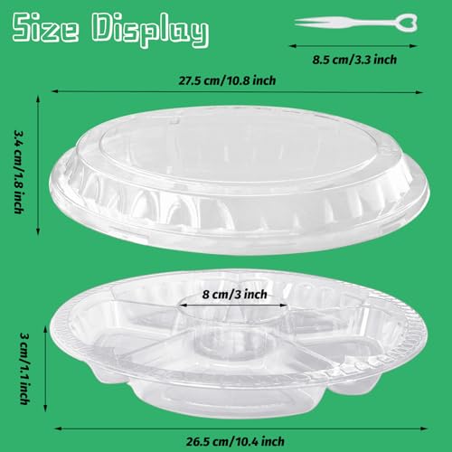 12 Pack Plastic Appetizer Trays with Lids,6 Compartment Serving Platters Tray with 100 Pcs Forks,Disposable 10 Inch Clear Round Fruit Storage Container for Snack,Food,Vegetable,Party Buffet Favors