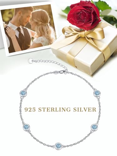 Image of Dorunmo Heart Birthstone Bracelets 925 Sterling Silver Round Birthstone Anklet for Women Birthday Jewelry Gifts for Girlfriend Wife Mother Her