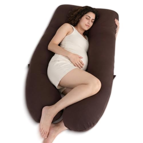 QUEEN ROSE U Shaped Pregnancy Pillow Breathable Cotton Full Body Support for Maternity Coffee