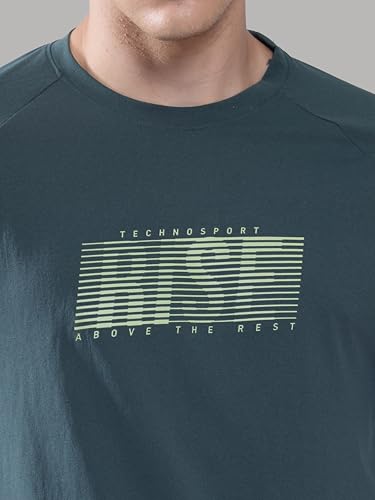 Image of TECHNOSPORT Men's Typography Printed T-Shirt COTFLEX Quick Dry Slim Fit Round Neck Sports Tee for Gym Running Casual Wear UPF50+ Anti Odour