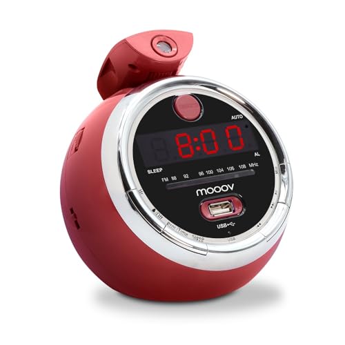 Metronic 477024 Radio Réveil FM Cherry - USB Projection Plafond Double Alarme Matin Avec Fonctions Sleep/snooze Et Piles De Sauvegarde De L'heure - Rouge