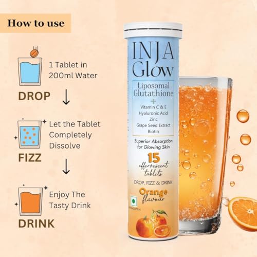 Image of INJA Glow Liposomal Glutathione with Vitamin C & E, Hyaluronic Acid, Zinc, Biotin & Grape Seed Extract, Reduces Dark Spots, Enhances Skin Glow & Collagen, Orange Flavour, 15 Tablets (Pack of 4)