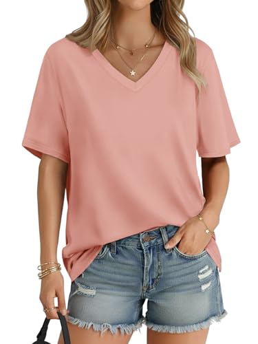 Cuptacc Tshirt Damen V Ausschnitt Oversized Oberteile Einfarbig Basic Tunika Sommer Locker T Shirt Casual Lang Kurzarm T-Shirt Damen