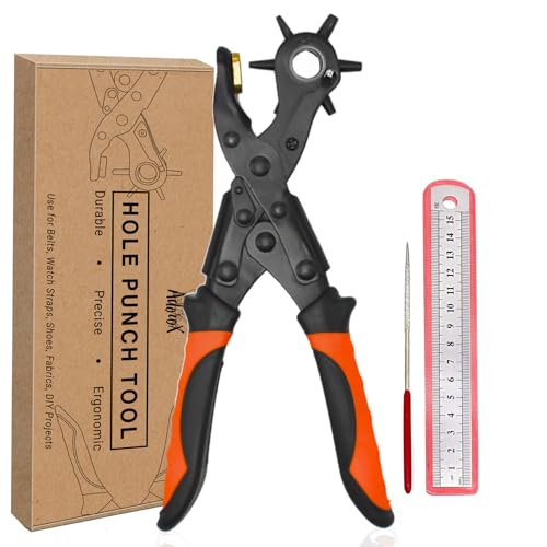Adorox Heavy Duty Quality & Professional Design Revolving Hole Punch Pliers Kit with Steel Ruler & File Puncher with 6 Hole Sizes for Belts Watch Straps Saddles Shoes & DIY Crafts