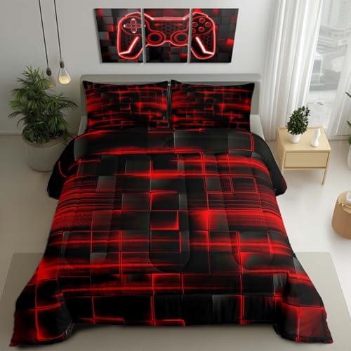 Feelyou Red Black Bedding Set Twin Size Boys Girls Geometric Strip Lines Comforter Set for Kids Comforter Abstract Modern Duvet Set Room Decor Duvet Set with 1 Pillow Case - 1