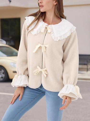 KEOMUD Women's Fall Winter Warm Fuzzy Sherpa Coat Casual Long Sleeve Fleece Jacket with Pockets Lace Peter Pan Collar4