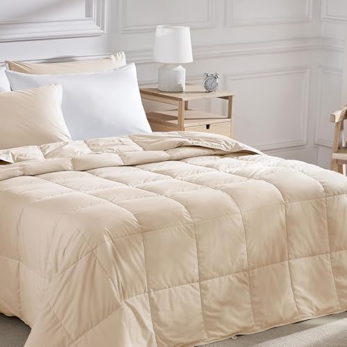 Image of Pacific Coast Lightweight Goose Feather Down Fiber Comforters Queen Size, Summer Duvet Insert, Ultra Soft, Breathable, Hotel Luxury Bedding Comforter with 8 Tabs, Beige, 90 x 90 inches