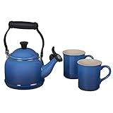 Le Creuset Enamel On Steel Demi Kettle & Stoneware Set of 2 Mugs, 1.25 qt. Kettle & (2) 14 oz. Mugs, Marseille