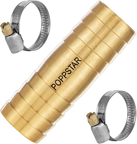 Poppstar Conector de manguera de latón de 3/4 de pulgada con 2 abrazaderas de acero inoxidable para manguera de jardín de 3/4 de pulgada (19 mm)
