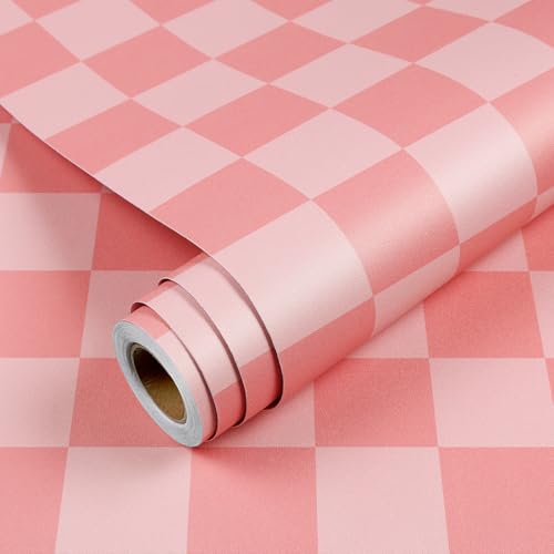 YENHOME 17.7"X118" Pink Checkered Wallpaper Peel and Stick Pink Checkered Pattern Wallpaper Vinyl Wrap for Cabinets Countertop Contact Paper Waterproof Wallpaper for Bathroom Decoration Contact Paper