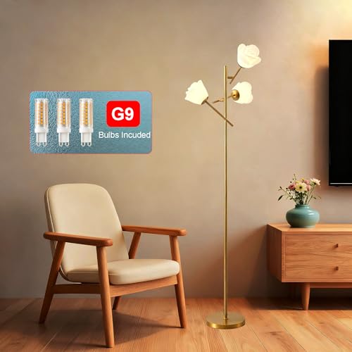 Image of Fiqevs Mid Century Modern Floor Lamp with 3 Adjustable Flower Shade - Floral LED Standing Light with Foot Switch & Light Bulb, Sputnik Tree Lamp for Living Rooms Bedrooms - Antique Brass /Gold