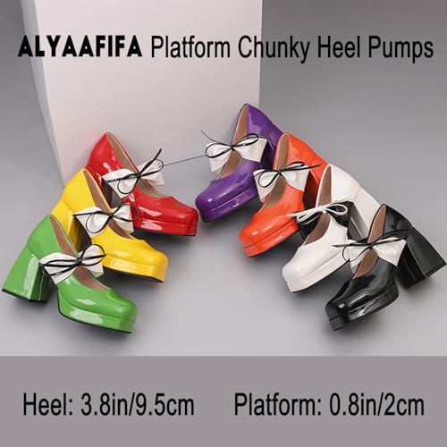 Alyaafifa Stylish High Heel Platform Pumps for Women Patent Leather Chunky Heels Closed Square Toe Mary Jane Dress Shoes with Bow Wedding Party Prom Evening Dating4