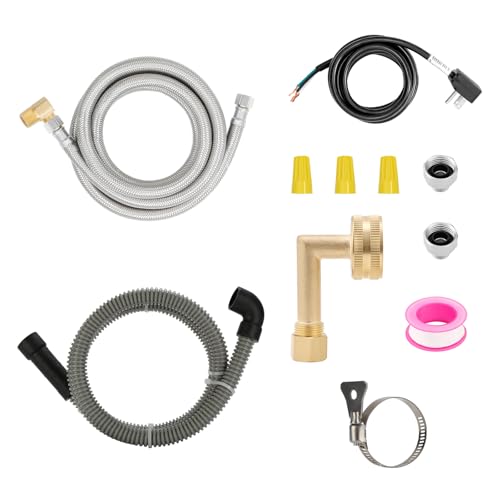Roastove Universal Dishwasher Installation Kit 6 Ft Stainless Steel Dishwasher Hose Burst Proof Water Supply Line with 3/8 Compression Connections With a 6 feet drain hose and a clamp one set