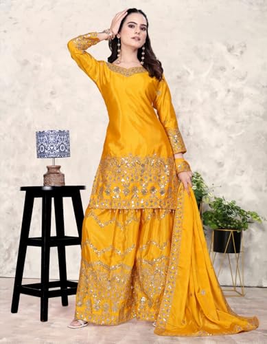 Image of Anvri Textiles Yellow Embroidered Kurta Sharara Set for Women - V-Neck, 3 /4th Sleeves, Knee-Length Kurta with Matching Dupatta - Festive & Haldi Perfect
