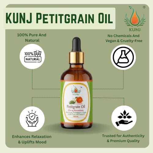 Image of KUNJ Petitgrain Essential Oil 100ml - Pure Steam Distilled Citrus aurantium Oil for Aromatherapy, Diffuser, Relaxation, Emotional Balance, Calm Mood, Stress Relief & Skin Care | 100% Natural