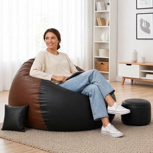 Image of Biggie Bean Bag with Beans Filled 6XL Bean Bag Sofa with Free Cushion Footrest - Official : ColorFlex Lounge Combo (Matching Color : Regular, Brown Black)
