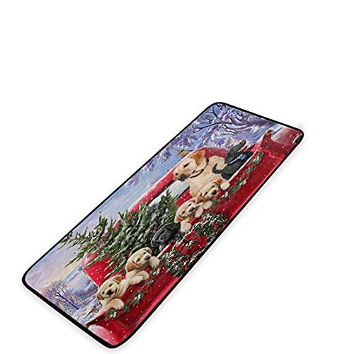 Christmas Red Truck Dog Kitchen Rugs Winter Snowflake Xmas Tree Bath Rug Indoor Outdoor Doormat Runner Comfort Mat Non-Slip Carpet For Bathroom 39" X 20" #TOP6