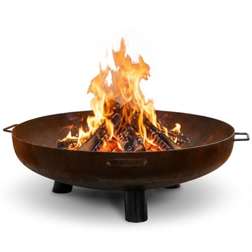 Moodz Feuerschale 100cm - Feuerschalen für den Garten - Feuerstelle Outdoor & Feuertonne - Feuerschale aus 3 MM Dick Cortenstahl - Feuerkorb für den Garten - 100x100x23,5cm - Mit Füßen und Griff