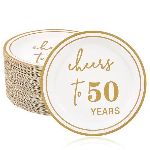 Ottin 50 Count White 7-Inch Dessert Paper Plates Gold Cheers to 50 Years Disposable Plates for 50th Anniversary Birthday Party & Milestone Celebrations