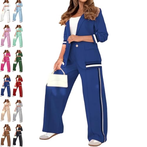 2025 Temperament Solid Color Ribbed Suit Set,Blazer and High Rise Straight Leg Pants Sets,Women's 2 Piece Set Lapel Blazer