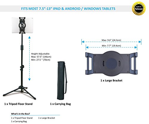 Aidata Us-5009B Viewstand Universal Tablet Tripod Base, Height Adjustable Pole From 70 - 146Cm (27.6" To 57.5"), Strong Spring Bracket Fits Most 7.9" To 13" Tablets, Comes With Carry Bag #TOP3