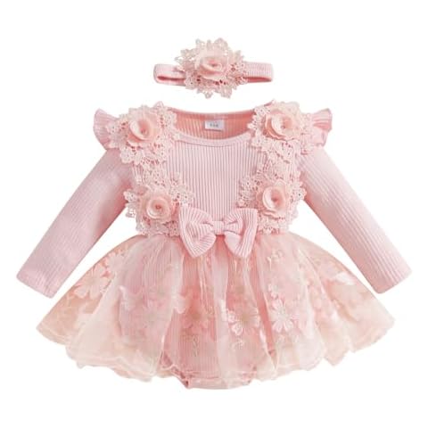 Douhoow Baby Girl Romper Dress Baby Dress Romper Lace Flowers Infant Fall Winter Festival Clothes with Headband (Pink, 3-6 Months) Cover