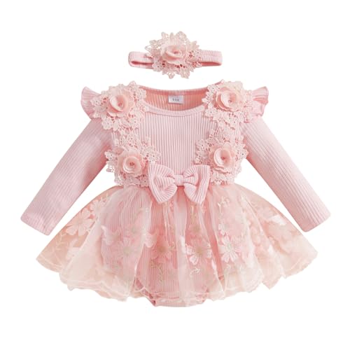 Douhoow Baby Girl Romper Dress Baby Dress Romper Lace Flowers Infant Fall Winter Festival Clothes with Headband (Pink, 0-3 Months)