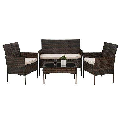 Juego de muebles de patio de 4 piezas, muebles de mimbre para exteriores, juegos de conversación con cojín suave y mesa de cristal para patio, piscina o patio, color marrón