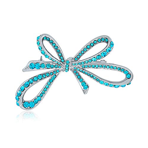 Image of Bling Jewelry Winter Wedding Holiday Blue Glittering Crystal Bridal Fashion Large Statement Ribbon Bow Scarf Brooch Pin For Women Silver Plated