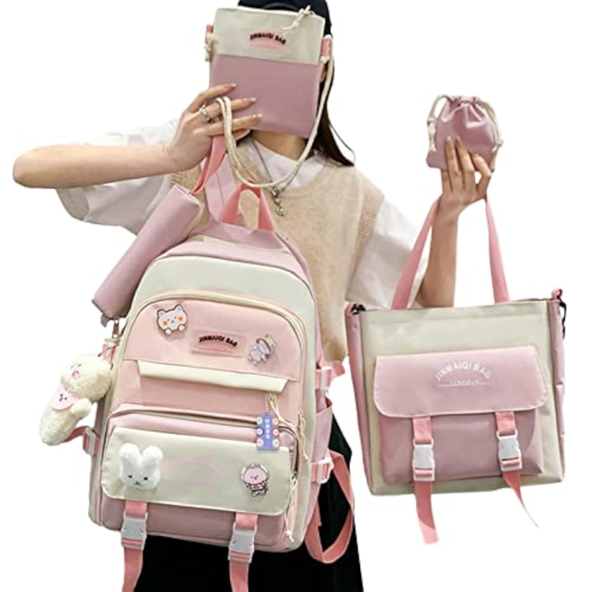 Aesthetic Backpack Combo - Cute Backpack Set with Bear Pendant