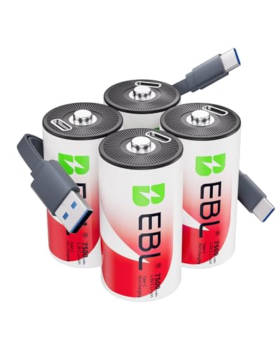 EBL Rechargeable C Batteries 7500mWh 1.5V Lithium USB-C Cable 1600+ Cycles Fast Charging for Cameras, Flashlights Toys Emergency Lights (4 Pack)