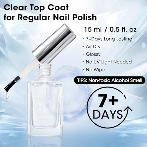 GELLEN Clear Nail Polish Top Coat, Shine Glossy Regular Nail Polish, Calcium Formula Strengthens Nails, Quick Air Dry, No Wipe, Long Lasting, Chip Resistant, Not UV Gel, Hema Free, Non-toxic, 15ml