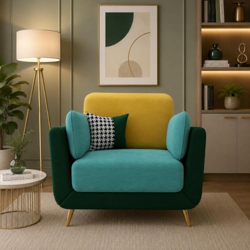 Image of Modern Sofa, 1 Seater with Decorative Cushions, Chesterfield Arm Three Seater for Living Room Guest Room Hotels & Office (1 Green and Yellow)