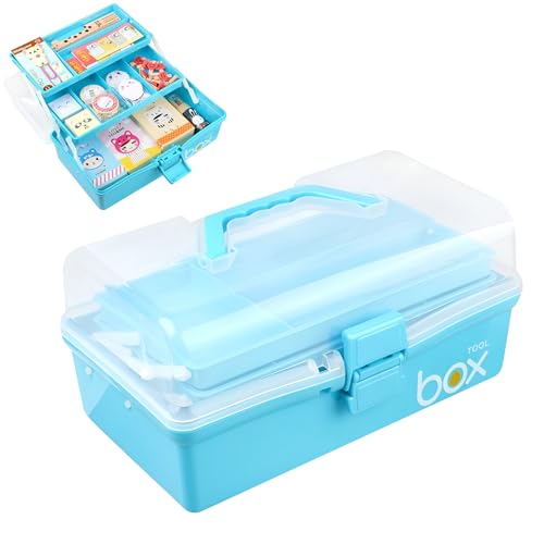 Image of 3 Layers Art Storage,Medical Box,Plastic Craft Storage Boxes with Compartments,Craft Box Storage Caddy,Art Storage Box,Craft Organiser for Sewing,Hobby,Arts,Crafts,Lego,Medicine,Stationery (Blue)