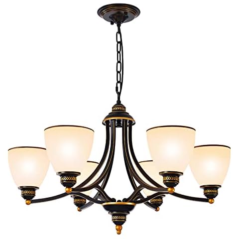 XANGQAN Farmhouse Chandeliers for Dining Room, 6-Frosted Glass Shades Chandelier,Oil-Rubbed Bronze Metal Lights Fixture, Adjustable Height Pendant Lighting, Dining Light for Kitchen, Living Room Cover