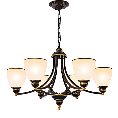 Xangqan Farmhouse Chandeliers For Dining Room, 6-Frosted Glass Shades Chandelier,Oil-Rubbed Bronze Metal Lights Fixture, Adjustable Height Pendant Lighting, Dining Light For Kitchen, Living Room #TOP18