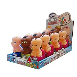 WOM Baby Drops, Grappige Baby’s zittend op een Toilet met Kauwsnoepjes “Jelly Beans” van 3 Smaken: Ananas, Limoen en Cola. Display van 12 Eenheden met 3 Verschillende Baby’s om te Verzamelen