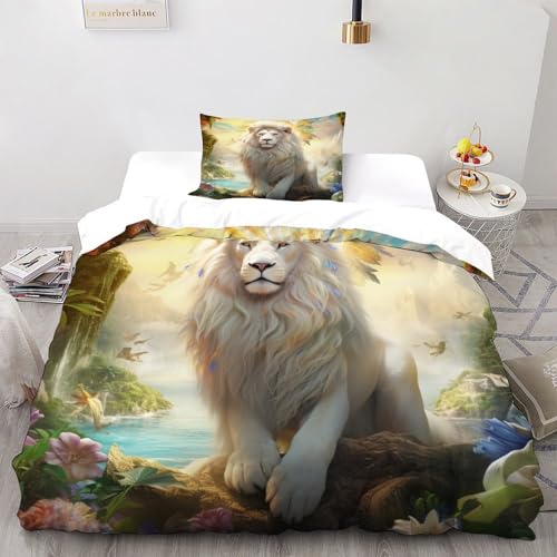 Housse de couette lion blanc infroissable avec fermeture éclair pour lit simple 1 place - 2