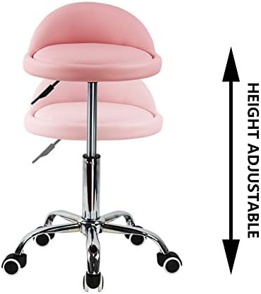 KKTONER PU Leather Round Rolling Stool with Back Rest Height Adjustable Swivel Drafting Work SPA Task Chair with Wheels (PINK)