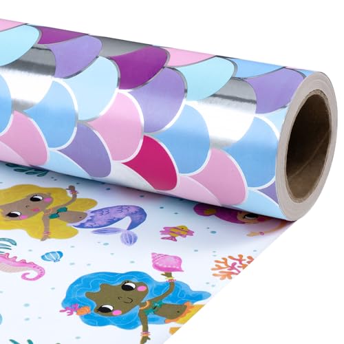 RUSPEPA Reversible Mermaid Wrapping Paper Roll Mini Roll Colorful Mermaid and Ocean Design with Iridescent Scales Pattern Gift Wrap for Girls Birthday Party Baby Shower 17 Inches x 16.4 Feet